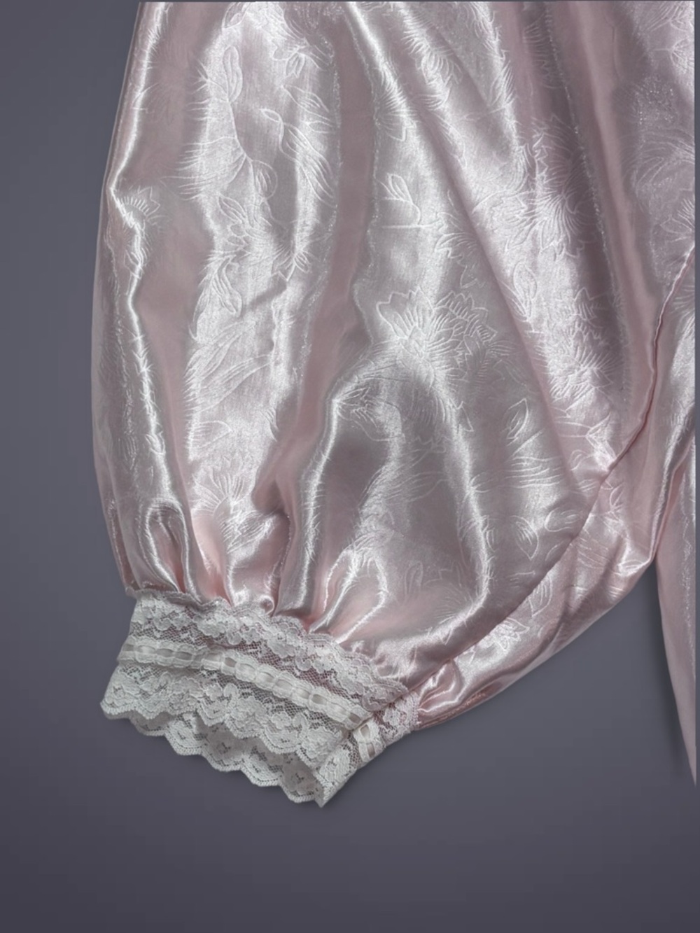 Vintage Soft Pink Satin Full Length Nightgown Lace Trim Poofy Long Sleeves L - Picture 7 of 12